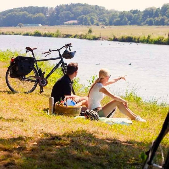 Cyclists have picnic beside river