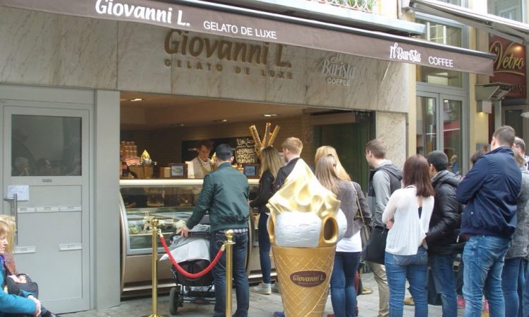 Ice cream store frontage with queue