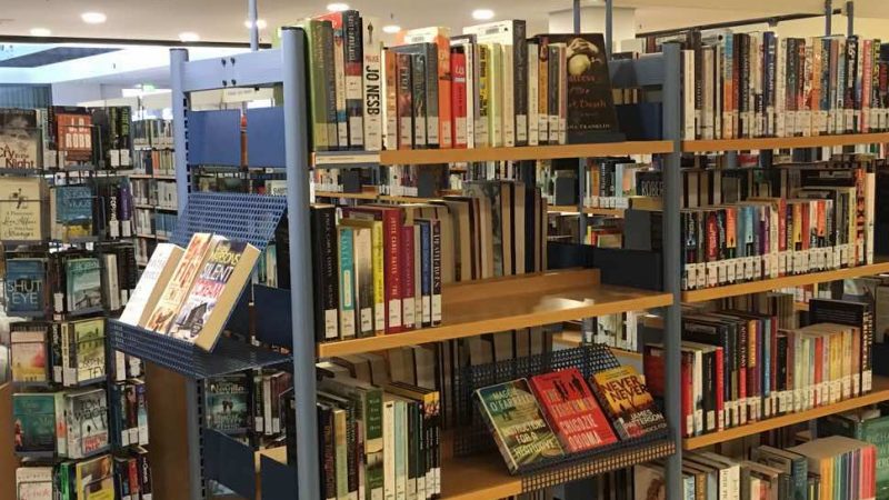 Books on shelves in library