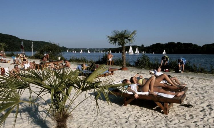 Beach scene with sunbathers