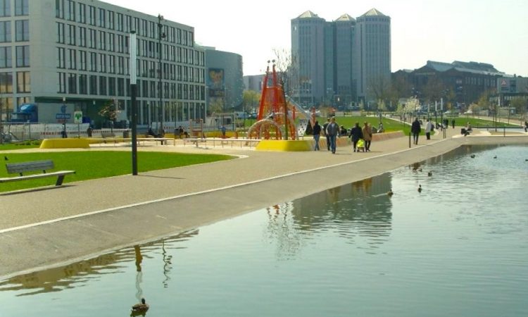 Pond and buildings